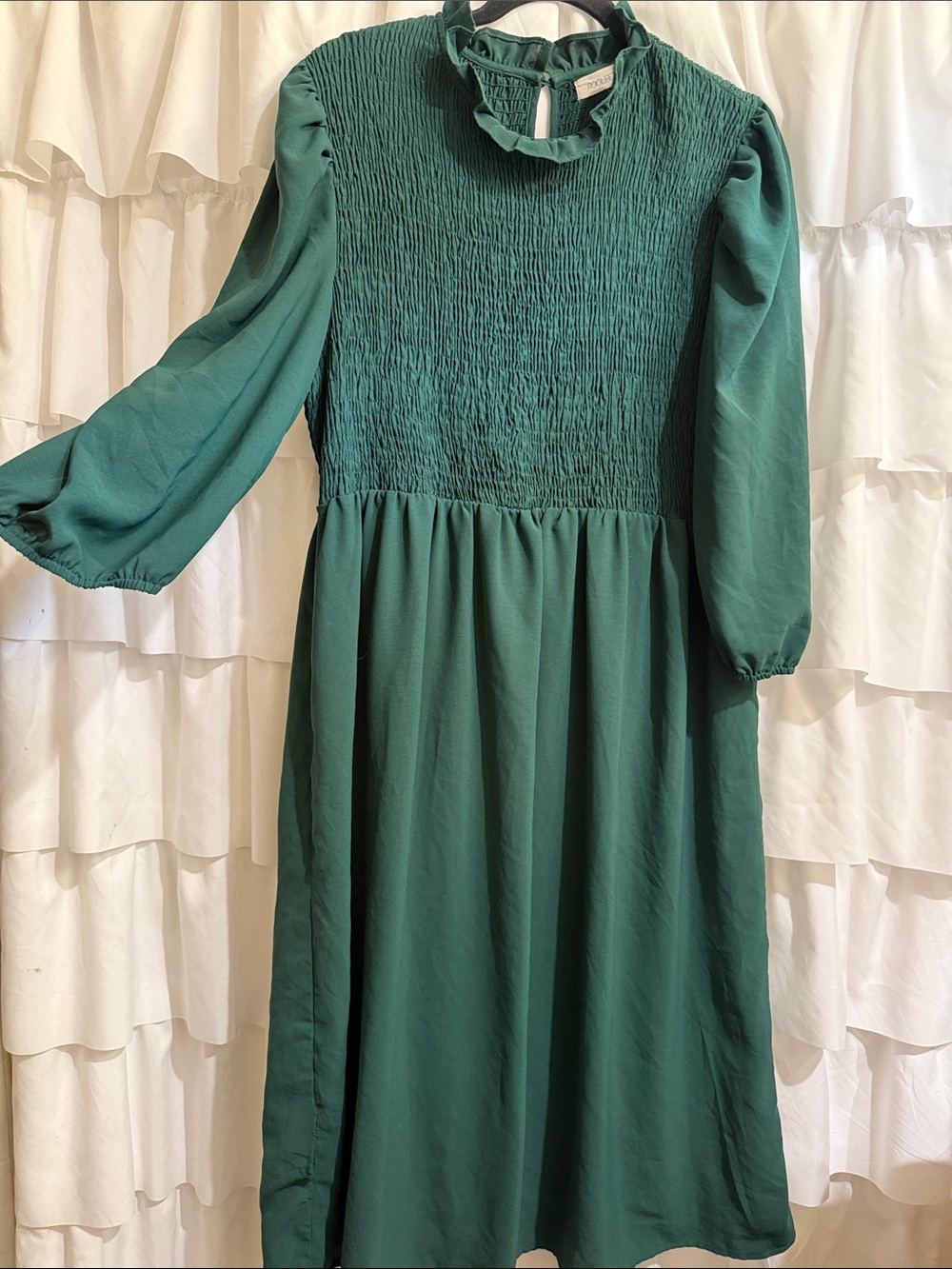Roolee Emerald Green Smocked Dress with Ruffle Neck